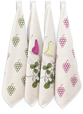 Linen Luxury Set 4 Paños Cocina Algodón 50x50 cm Alta Absorción Fabricados Portugal Diseño Uvas Secado Rápido Rizo Duradero Multiusos Lavable Ideal Hogar Restaurantes Decoración Cocina