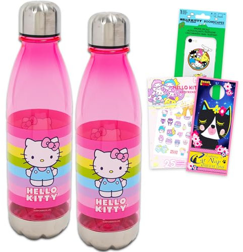 Hello Kitty Water Bottles for Girls - Bundle with 2 Reusable Water Bottles 23.6 Oz for Home, School, and Sports Plus Tattoos, Phone Decal, More Water Bottles with Lid