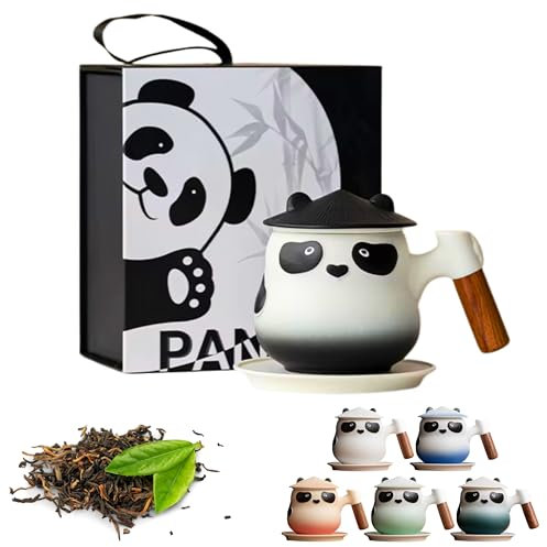 Kicura - Set di tazze da tè PANDA da 350 ml – Set da 4 pezzi in ceramica – con manico in legno, con colino, coperchio e piattino – Set di tazze – per amanti del tè e come decorazione – in confezione