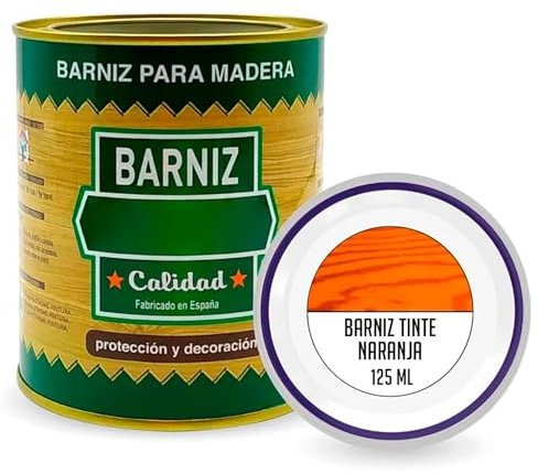 AC - Bote de Barniz para Madera - Fabricado en España - Ideal para todo tipo de Maderas, vigas, cerchas, marcos, etc. - Capacidad de 125 ML - Naranja