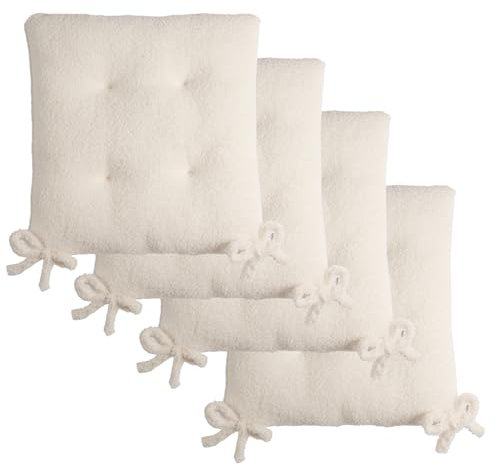 OHS Chair Pads 4 Pack Boucle Indoor Seat Pads, Soft Boucle Fabric Thick Kitchen Dining Cushions with Ties Chairs Benches Dining Seats, 40 x 40cm - Cream