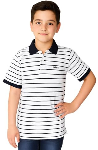 NIYS Pack of 2 Premium Quality 220 GSM Soft Fabric Polo Shirts White and Black Stripe (UK, Age, 9 Years, 10 Years, Regular, Pack of 2 IL Stripe Premium)