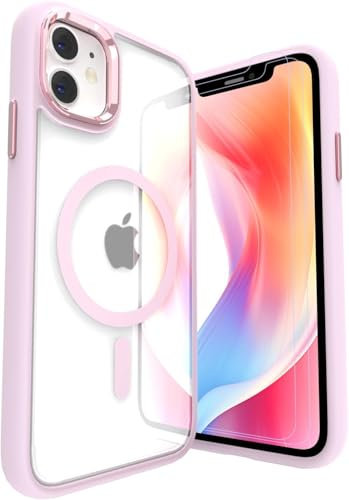 LUNOVATE Case for iPhone 11/iPhone XR, [Anti-Yellow] Magnetic Clear Cover with TPU Bumper, Transparent PC Back + 2 Screen Protectors, Shockproof Phone Case for iPhone 11 & iPhone XR 6.1 Inch - Pink