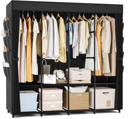 BrFoYu Portable Closet for Hanging Clothes, 67 Inch Wide Portable Wardrobe Closet with Cover, 4 Hanging Rod, Storage Shelves and Side Pockets, Large Free Standing Closet for Bedroom, Black