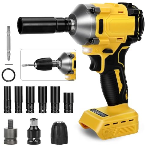Cordless Impact Wrench, 1000Nm 1/2 inch Brushless Impact Gun Compatible with Dewalt 18 V 21 V, Electric Impact Driver 3 Speeds Adjustment and 12 Accessory for Car Furniture Car Tyre Change -NO Battery