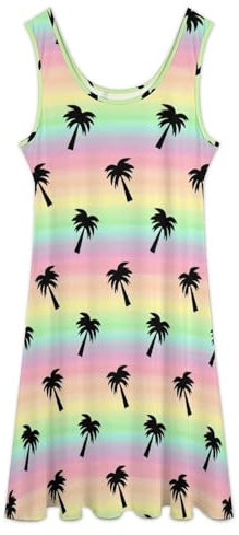 Anime Colorful Tropical Palm Tree Sleeveless Dress for Women Long Vest Dresses Scoop Neck Casual Tees Loose Knee Length Summer Lounge Tops