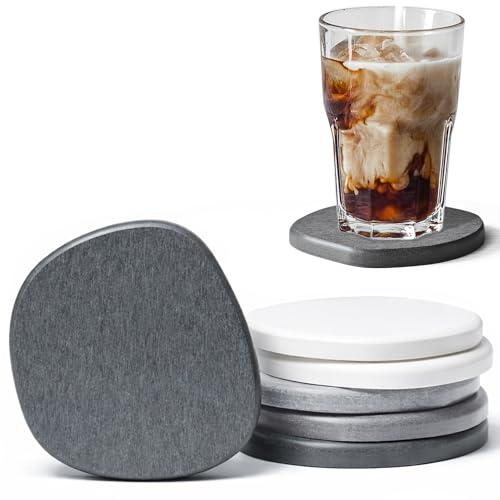 XRzitky Lot de 6 sous-verres en diatomite absorbants en pierre à séchage instantané pour boissons, vin, café, tasses modernes et uniques en terre de diatomée pour table basse, bureau, gris et blanc