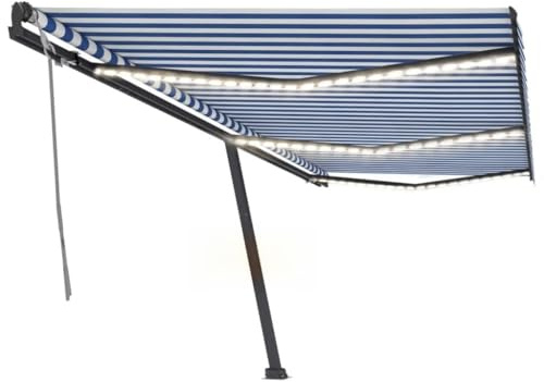 Tenda da Sole Retrattile Manuale con LED, 600x300 cm, Blu e Bianco, Tessuto Poliestere Impermeabile, Struttura in Alluminio Antiruggine, per Giardino, Terrazzo e Balcone