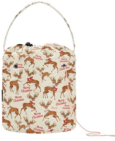 GuoChe Frohe Weihnachten, braune Elch-Häkeltaschen, Bastel-Organizer mit Löchern, Reisetasche für Häkeln, Stricken, Basteln