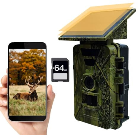 Fototrappola Solare 8K 60MP, Fototrappola Infrarossi Wifi Bluetooth Fototrappola con Batteria Ricaricabile 5200mAh Angolo Rilevamento 120° HD Visione Notturna Impermeabile IP66 con scheda SD 64GB