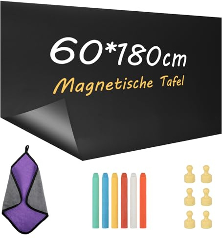 Tafelfolie Magnetisch Selbstklebend, 60 x 180cm Magnetfolie, Abwischbar Kreidefolie, Magnettafel Folie mit 6 Kreide, Tuche, 6 Magneten für Zuhause Büro Schule, DIY Wand Kreidetafel (Schwarz)