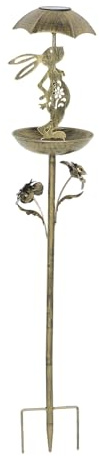 Yardenfun Vintage-Metallhasen-Futterstation, gusseiserne Futterschale mit Sonnenschirm und Solarleuchte, Gartenstecker mit Papageien-Futterschale für Rasen, Hof und Garten
