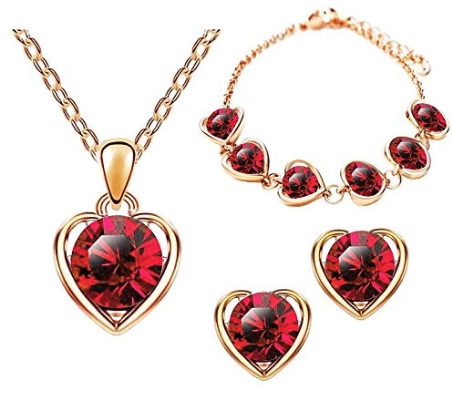 Mianova Damen 3 teiliges Set Rosegold IP in Herz Form mit Zirkonia Kristallen - Ohrringe Armband und Kette Rose Rot