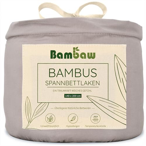Bambaw Spannbettlaken 140x200 Bambus, 35 cm Steghöhe, kühle Bettwäsche, atmungsaktive und hypoallergene Bettlaken, nachhaltige Sommer Bettwäsche, Spannleintuch 140x200 Bambus, Öko-Tex (Grau)