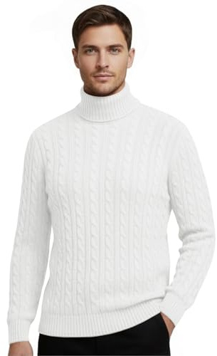 janisramone® Mens High Polo Roll Neck Jumper, Long Sleeve Cable Knitted Pullover Winter Jumpers for Men UK, Casual Turtle Neck Sweaters White