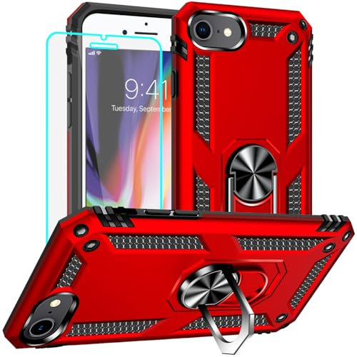 Yiakeng for iPhone 8 Case, iPhone 7 Case With Screen Protector, Silicone Shockproof Military Grade Protective Phone Cover for iPhone SE 2020 (Red)