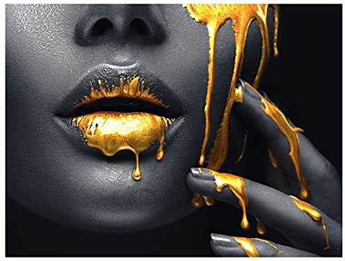 wandmotiv24 Deko Wandbild aus Acrylglas, Größe 40x30cm, Querformat, Frauen Lippen mit Goldener Farbe, Beauty, Frau, Makeup, Dekoration Wohnung modern, Deko, Acryl, Wanddeko Schlafzimmer M0052