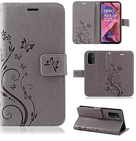 betterfon Hülle Kompatibel mit Oppo A54 5G / A74 5G | Premium PU Leder Handyhülle Wallet Case für A54 5G / A74 5G | Schutzhülle Blumen Klapphülle Handyhülle | Grau