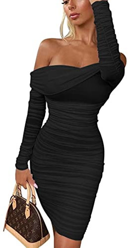 GOKATOSAU Women's Sexy Elegant Ruffle Long Sleeve Off Shoulder Ruched Party Mini Dress, Black, Small