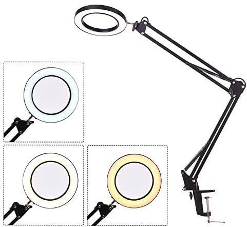 LED Schreibtischlampe mit Klemmbar,5X Lupenleuchte,Lupenlampe Leselupen Lupe Schreibtischlampe mit Klemme Schwenkarm Einstellbare USB-Lampe Lupe 3 Modi 10 Helligkeitsstufen Dimmbare