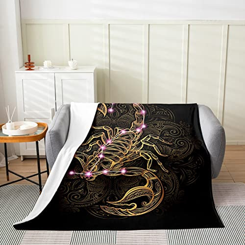 Golden Scorpion Flanelldecke warme Boho-Mandala-Überwurfdecke Mädchen Gothic-Stil Konstellation Fleecedecke ganzjährig gemütlich Vintage-Skorpion-Tier-Plüschdecke Schlafzimmerdekoration, 150 x 200