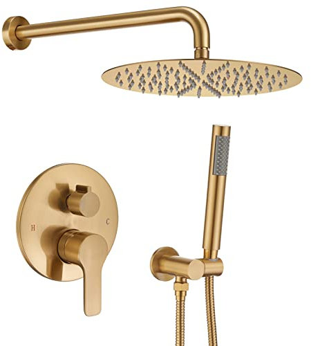 Iriber Brushed Gold Shower System Wall Mounted Shower Faucet Mixer Set with 10 Rain Shower Head and Handheld Bathroom Shower Trim Kit Includes Pressure Balancing Valve