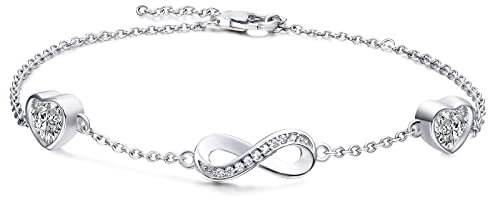 Qings Sterling Silber Infinity Armband Damen Unendlichkeit Liebes Herz Armbänder mit Moissanit Weiß Zirkonia Kristallen Verstellbar Armkette Muttertag Weihnachten Geschenk für Mama Mädchen Frauen
