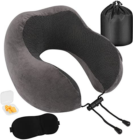 Czemo Reisekissen, Nackenhörnchen,Halskissen U Geformte Everlasting Comfort mit Schlafmaske und Ohrstöpsel,Abnehmbarer Bezug,Aufbewahrungstasche,für Reisen im Auto,Flugzeug,Zug (Grau)