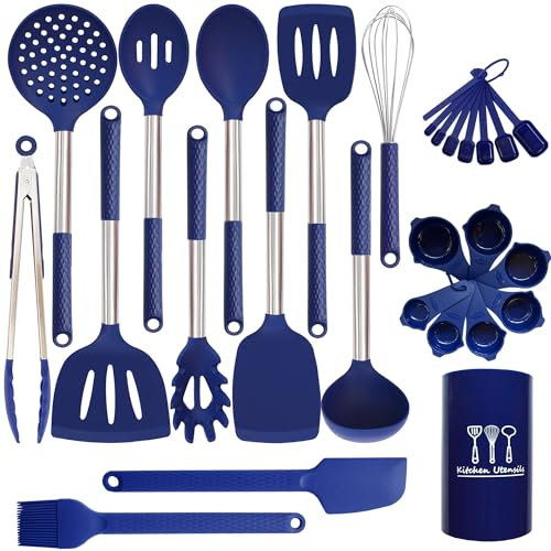 Lot de 28 ustensiles de cuisine en silicone anti-adhésif résistant à la chaleur avec poignée en acier inoxydable - Bleu roi