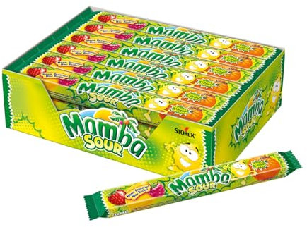 Mamba sour – 24 x 106g (4er Stange) – Leckere saure Kaubonbons mit vier fruchtigen Sorten – Saurer Süßigkeiten Mix