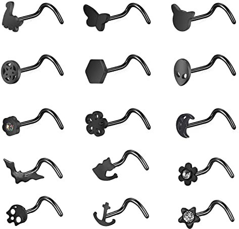 ZS 20G Nostril Studs Nose Rings for Women, 15Pcs Surgical Steel Nose Studs Ring L-Shaped, Black Bat Skull Corkscrew Nose Piercing Jewelry (Corkscrew(stud))