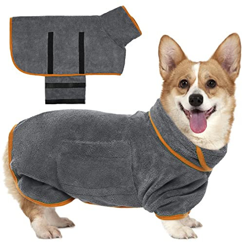 Kuoser Hundebademantel, Mikrofaser Hunde Bademantel Badetuch, Bademantel Hund Extra Saugfähig, Einstellbar Hundehandtuch mit Klettverschluss, Grau HundeBademantel für Kleine Hunde