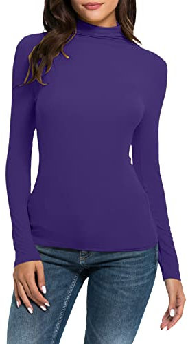 Maglietta intima da donna a maniche lunghe, in cotone, a maniche lunghe, morbida, elasticizzata, tinta unita, con colletto alto, maglietta slim fit, viola., L