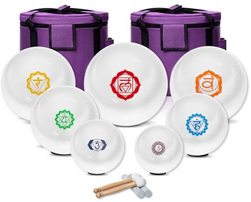 SOUNDELLO 6-12inch Chakra Symbol Design 432hz Quartz Crystal Singing Bowls Set of 7, for Healing Mindfulness Meditation Yoga Sound Baths with Case Mallet Suede Striker