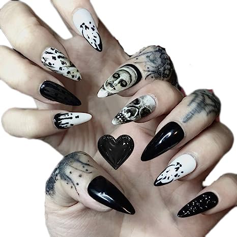 Vatocu Halloween Oval False Nails Short Black White Fake Nails Skull Press on Nails Oval Acrylic Stick on Nails for Women and Girls (24pcs）
