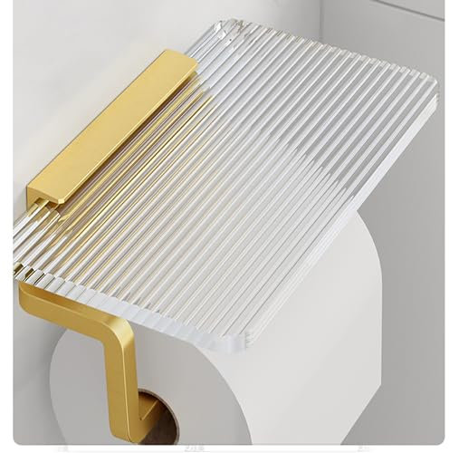 Deefongo Toilet Roll Holder with Shelf,Gold Toilet Paper Holder,Acrylic Toilet Tissue Holder, Self-Adhesive Toilet Paper Holder or Drilling for WC Kitchen and Bathroom