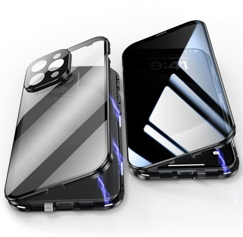 Jonwelsy Anti Peeping Hülle für iPhone 15 Pro Max, 360 Grad Schutz Case, Privatsphäre Gehärtetes Glas Anti-Spähen Cover, Stark Magnetische Adsorption Metallrahmen Handyhülle für 15 Pro Max (Schwarz)
