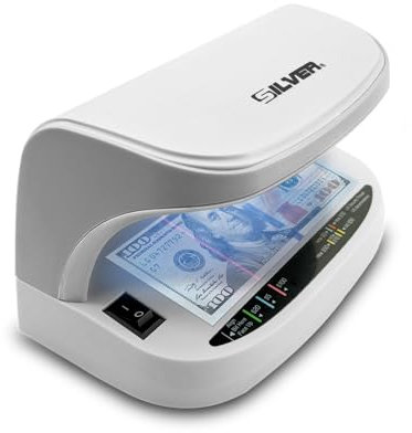 SILVER by AccuBANKER Detector de billetes falsos, detección de falsificaciones de tarjeta e identificación, comprobador de dinero multimoneda con luz UV LED superbrillante, grado minorista, SD100