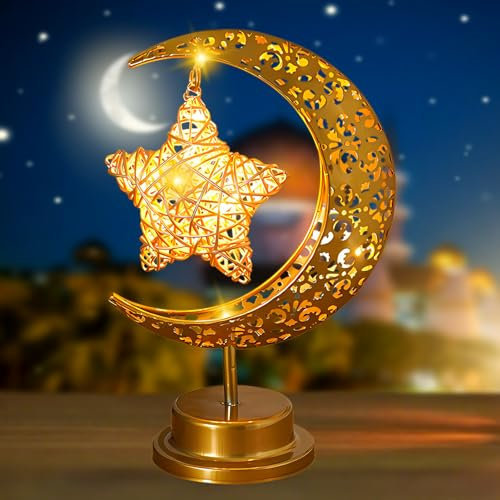 TOPJOWGA LED Ramadan Lichter Mondlampe, Eid Mubarak Mond Nachtlicht, Ramadan Eid Mubarak Dekoration, Eisen Ramadan Halbmond Lampe, Mond Stern Tischlampe, Islam Mubarak Dekoration LED Lamp