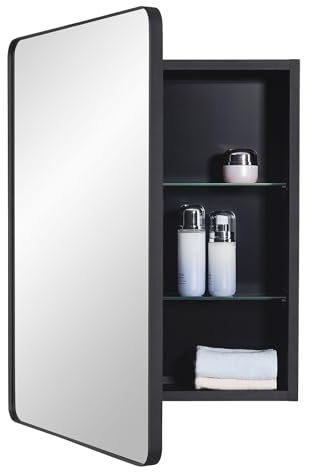 IDYLLOR Medizinschrank für Badezimmer, Spiegel, mit runder Ecke, gerahmte Tür, 50,8 x 66 cm, Einbau- oder Oberflächenmontage, mit verstellbaren Glasablagen, Schwarz