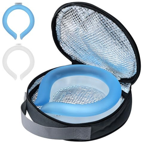 2PCS PCM Neck Cooling Tube with Insulated Bag, Reusable Ice Ring Neck Cooler Wrap, Wearable Cooling Neck Ring for Hot Weather in/Outdoor Sports, TPU Freezable Collar (Blue+White)