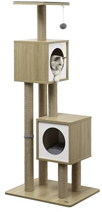 THE LICKER STORE CTR1011A Sawyer 56 3-Tier Minimalist Jute Cat Tree Condo with Scratching Posts, and Fuzzy Toy, Brown/White