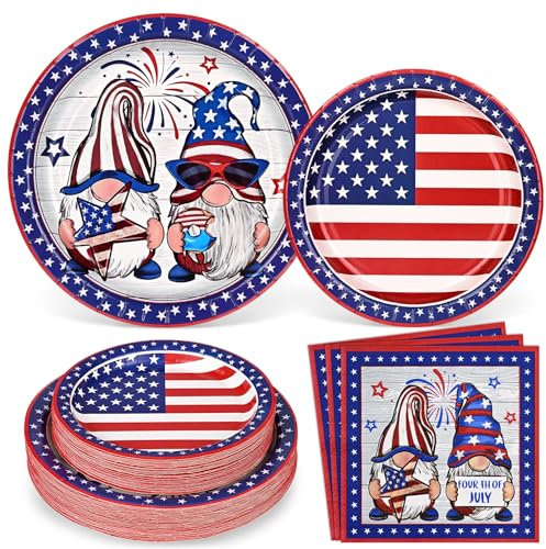 Homlouue 200PCS Patriotic Plates and Napkins, Cool Gnome Paper Plates and Napkins, American Flag Dinner Plates, Red White Blue Gnome Dinnerware Set for Memorial Day Independence Day Party Decorations