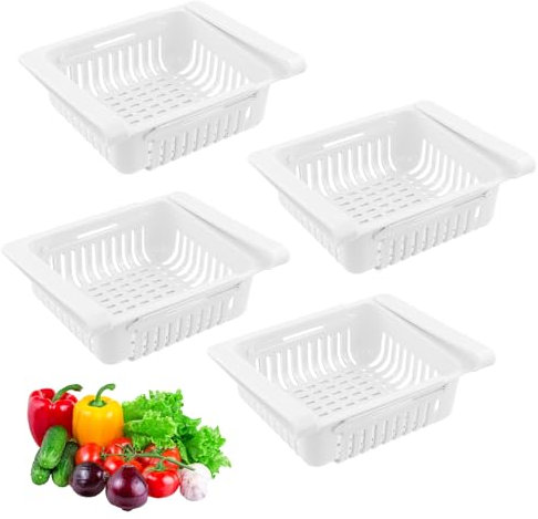 4 Pièces Boite de Rangement Frigo, Organisateur Frigo Escamotable, Rangement Frigo Rétractable, Accessoires Frigo Organiseur pour Cuisine, Armoires, CongéLateur, Garde-Manger (Blanc)