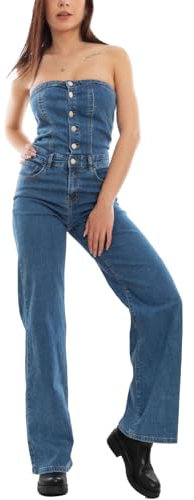 Toocool Salopette jeans donna overall jumpsuit bandeau pantaloni denim F7371 [L,blu]