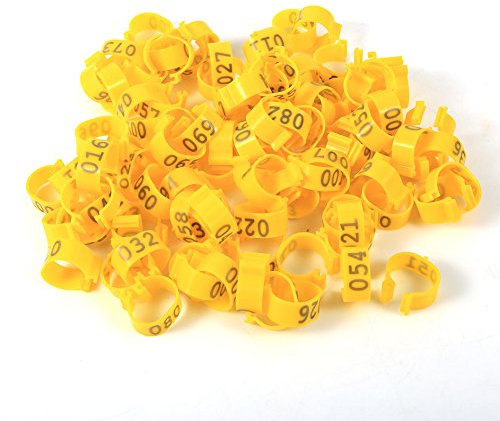 Nikou 100 Stück/Beutel 16 mm 001–100 Nummerierte Plastikringe, Geflügel-Beinringe, für Geflügel, Hühner, Enten, Gänsebeine(Gelb, Innendurchmesser 1,6x1,6cm)