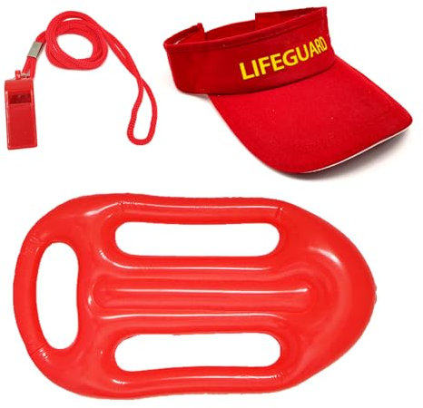 FUIPVGI 3 Stück Rettungsschwimmer Kostüm Lifeguard Set Fasching Kostüm Hut mit Wache, Rettungsring Pfeife mit Umhängeband, Verstellbare Sonnenschutzkappe, Baywatch Herren & Damen (Rot)