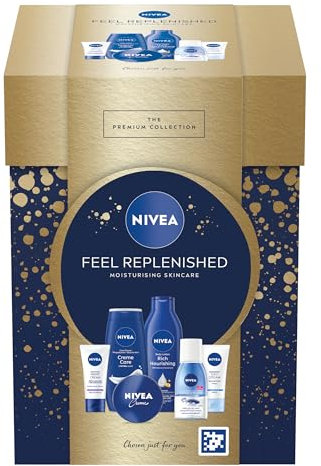 NIVEA Feel Replenished Gift Set (6 Products), Skincare Women's Gift Set with Creme, Eye Make-Up Remover, Shower Cream, Body Lotion, SPF15 Day Cream, and Night Cream