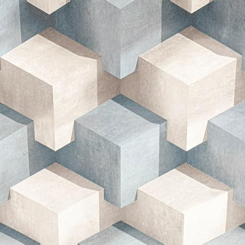 SOPHIE LAURENCE Blue Grey 3D Cube Damask Textured Wallpaper – Thick Vinyl, 10.05m x 0.53m, Non-Pasted, Washable, Strippable, Rustic Style, Made in France