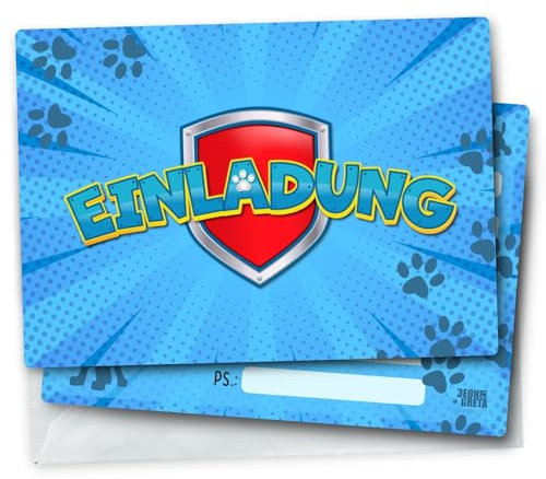 Generisch 12x EINLADUNGSKARTEN inkl. passender Umschläge für Kindergeburtstag & Co. - Karten Set mit Pfoten-Patrouille Motiv - Cartoon-Thema - Helden auf vier Pfoten